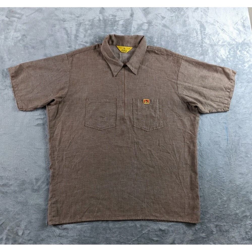 VTG Ben Davis Shirt Mens XL Brown 1/4 Zip Yellow Tag USA 80s Workwear READ